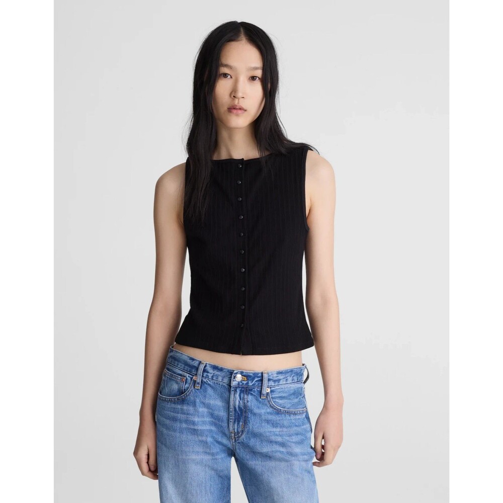 MADEWELL Ribbed Crewneck Shell Top XXS Black Button-Up Easy Fit Layering NWT B88